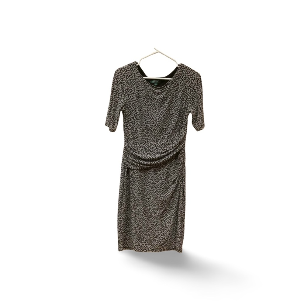 LAUREN Ralph Lauren Black & Grey Leaf Print Ruched Sheath Dress | Size 8